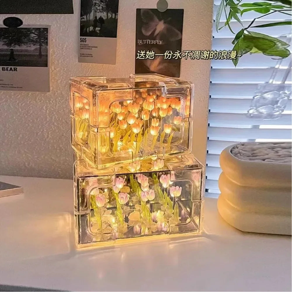 Lampă Cub LED cu Lalele 3D – Cadou Romantic cu Lumină Ambientala